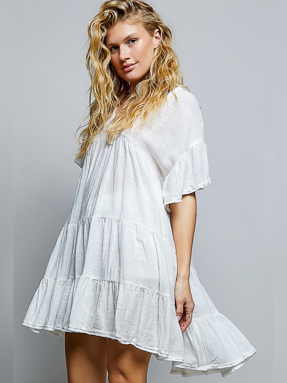 ♥️Hello Gorgeous! POL Cotton Ruffle Shirred V-Neck Short Sleeve Dress-Ivory